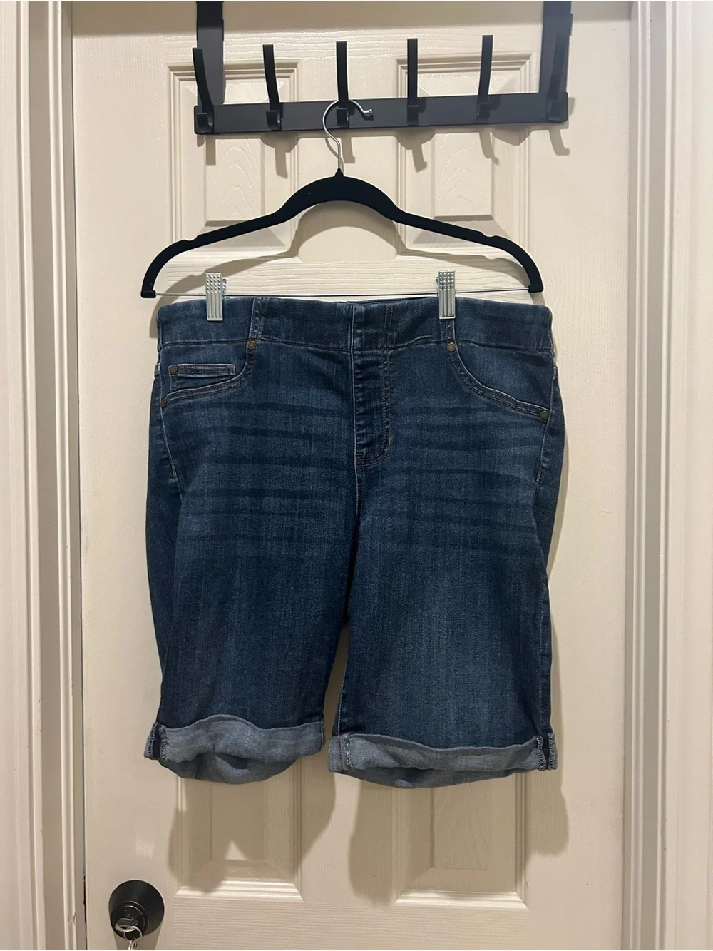 Liverpool Dark Blue Denim Bermuda Shorts with Rolled Hem Pull-on Stretchy - Picture 2 of 7